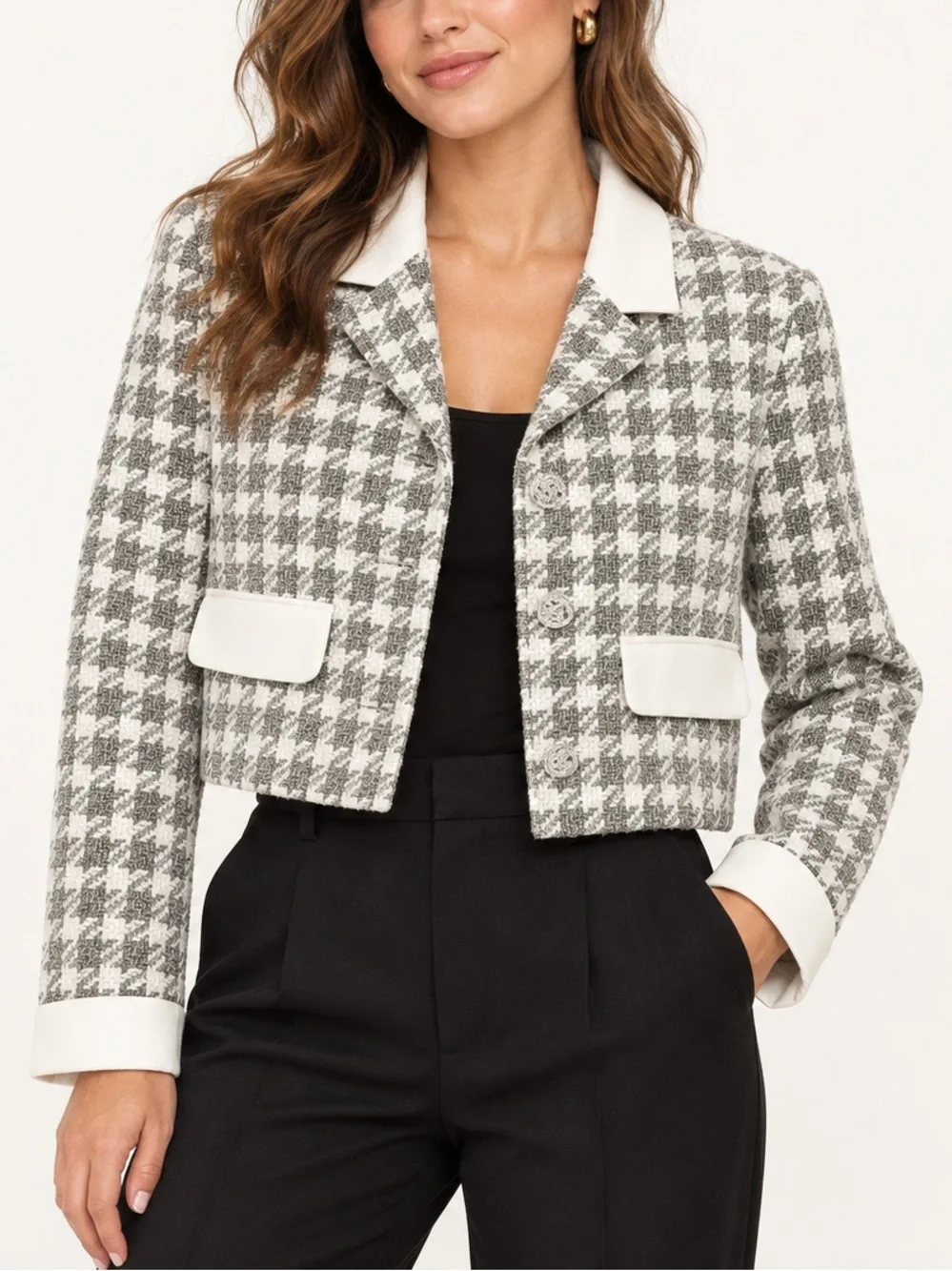 Zara Tweed Contrast Puff Sleeve Top Black White L NWT
